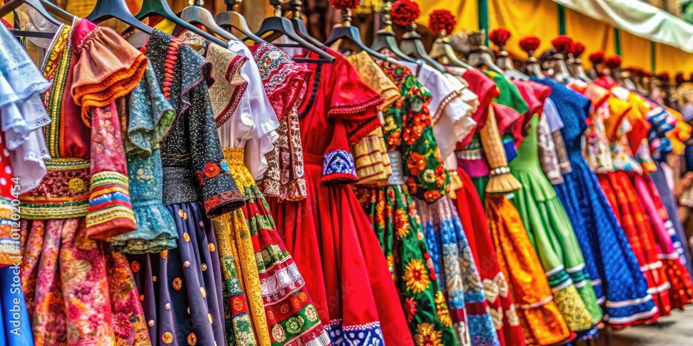 Fototapeta premium Colorful Traditional Spanish Outfit Displayed on Hangers at a Cultural Festival or Market Event