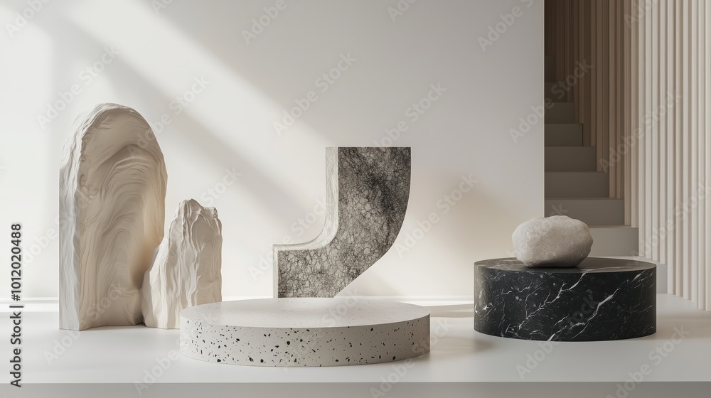 A collection of abstract wooden and stone sculptures displayed on pedestals. Each piece has a unique shape and texture, with a blend of organic curves and geometric forms, creating a modern and artist