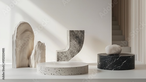 Obraz na płótnie A collection of abstract wooden and stone sculptures displayed on pedestals. Each piece has a unique shape and texture, with a blend of organic curves and geometric forms, creating a modern and artist w salonie