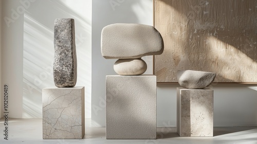Obraz na płótnie A collection of abstract wooden and stone sculptures displayed on pedestals. Each piece has a unique shape and texture, with a blend of organic curves and geometric forms, creating a modern and artist w salonie