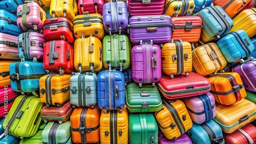 Colorful travel suitcases stacked together ready for adventure at the airport terminal or station