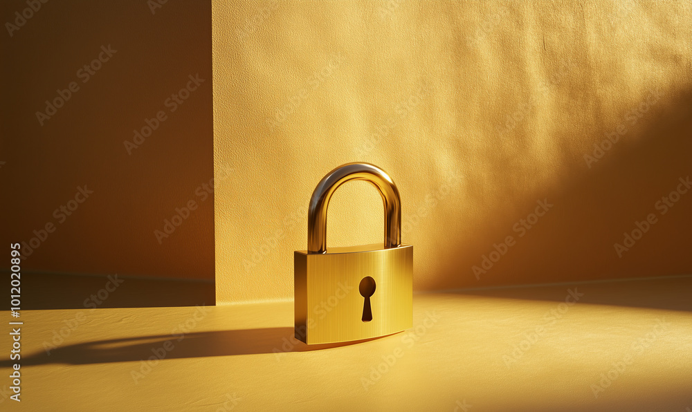 Golden security padlock as safety fraud prevention and privacy data network protection, light background. Golden security padlock as safety fraud prevention and privacy data network protection, light background.