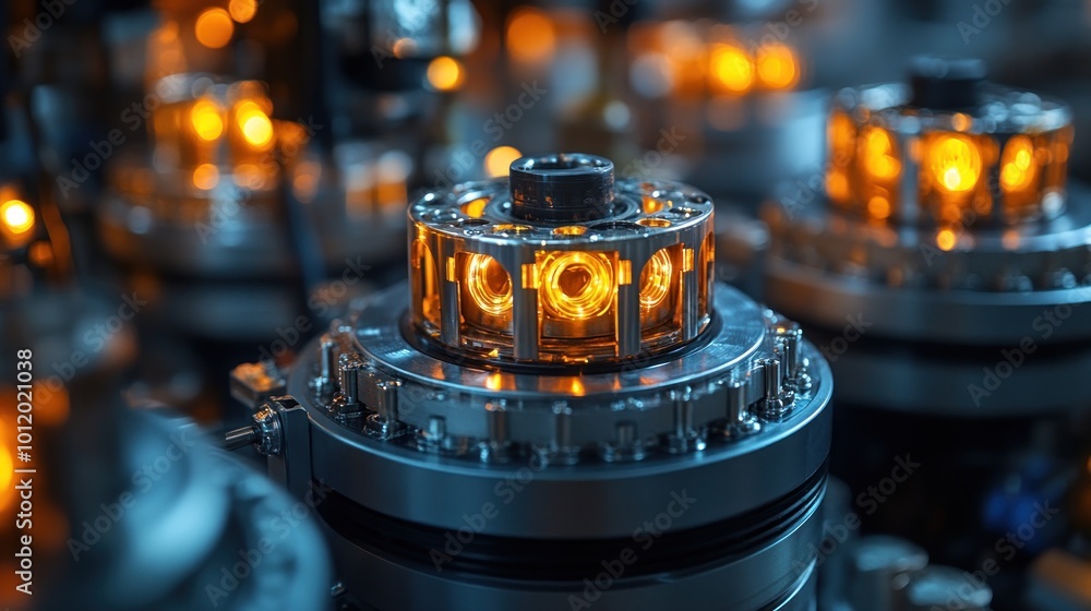 Close-up of industrial machinery with glowing lights, showing intricate details and technological advancements. Close-up of industrial machinery with glowing lights, showing intricate details and technological advancements.