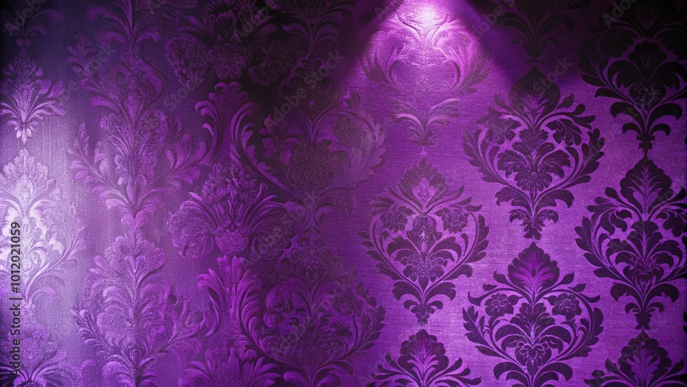A spotlight illuminates a purple damask patterned wall. A spotlight illuminates a purple damask patterned wall.