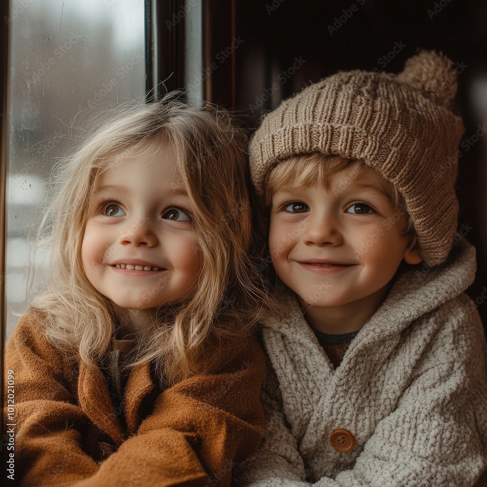 Happy Siblings Enjoying Scenic Views During Train Journey Adventure Happy Siblings Enjoying Scenic Views During Train Journey Adventure