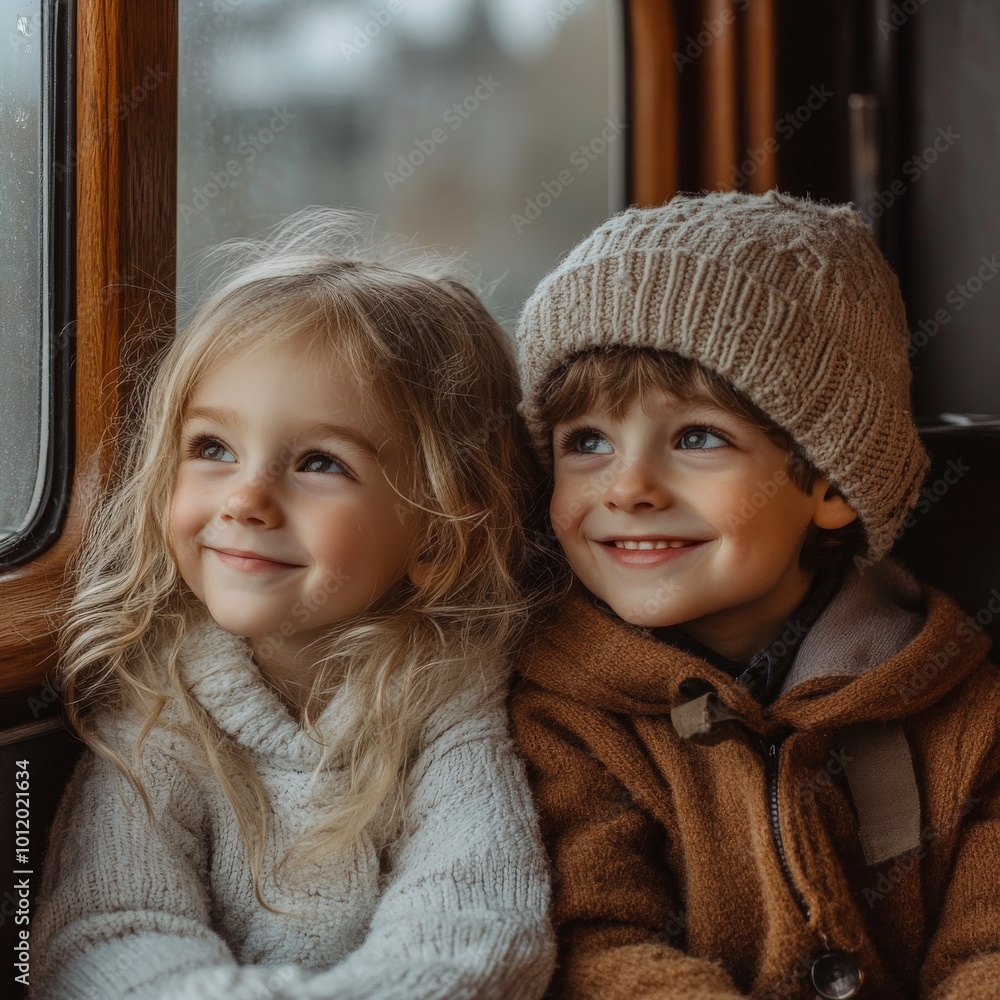 Happy Siblings Enjoying Scenic Views During Train Journey Adventure Happy Siblings Enjoying Scenic Views During Train Journey Adventure
