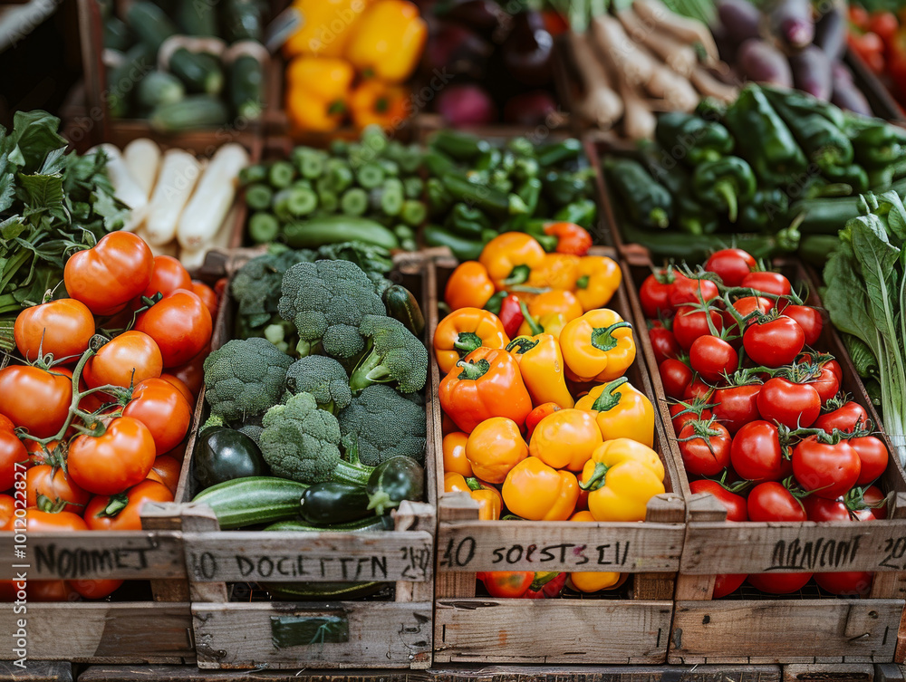 Colorful display of fresh vegetables including tomatoes, bell peppers, and broccoli at a local market. Colorful display of fresh vegetables including tomatoes, bell peppers, and broccoli at a local market.
