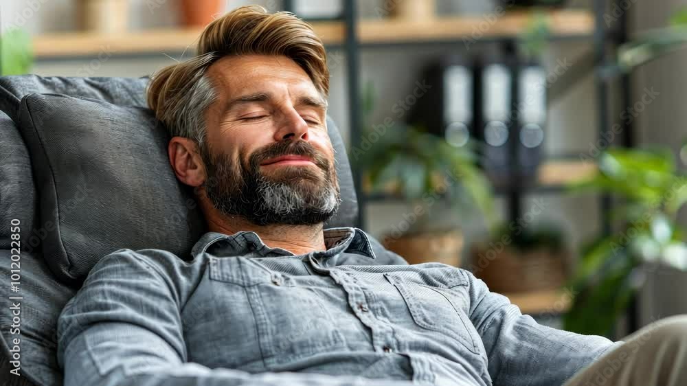 A man is unwinding in a comfortable chair, savoring peace and calm in a plant-filled living space A man is unwinding in a comfortable chair, savoring peace and calm in a plant-filled living space