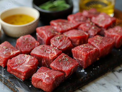 Freshly cut premium beef cubes arranged on a wooden board with seasoning and oil for marinating.