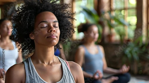 Participants engage in a calming meditation practice, focusing on breathing and mindfulness in a tranquil setting