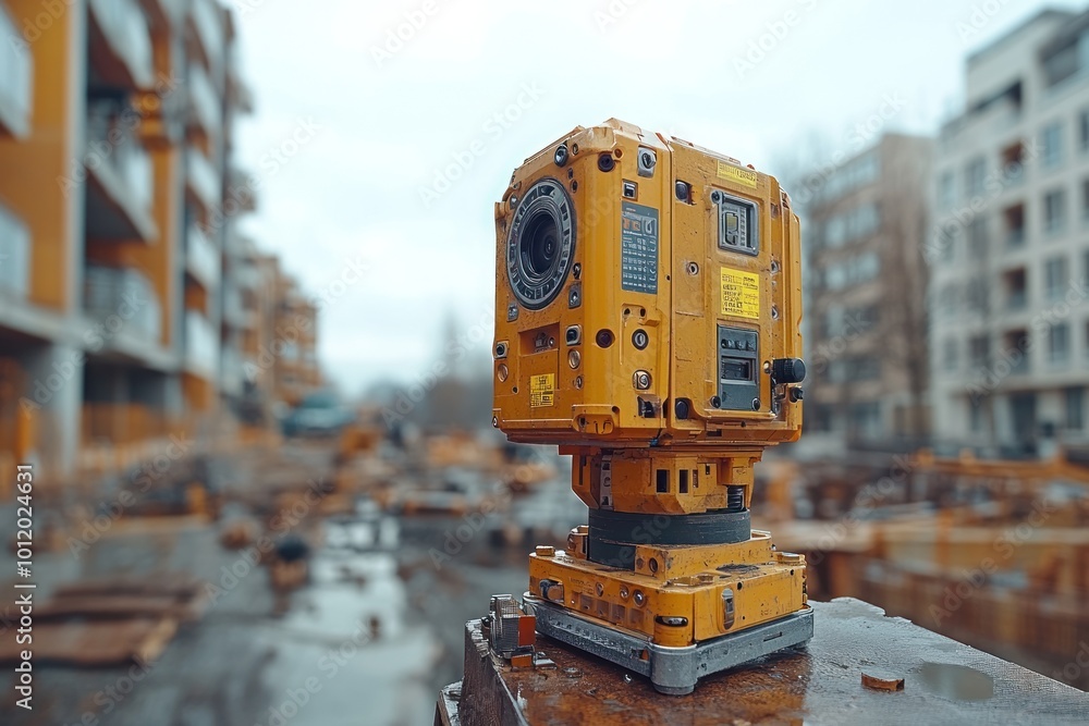 Fototapeta premium A yellow surveying instrument sits on a metal beam in a construction site.