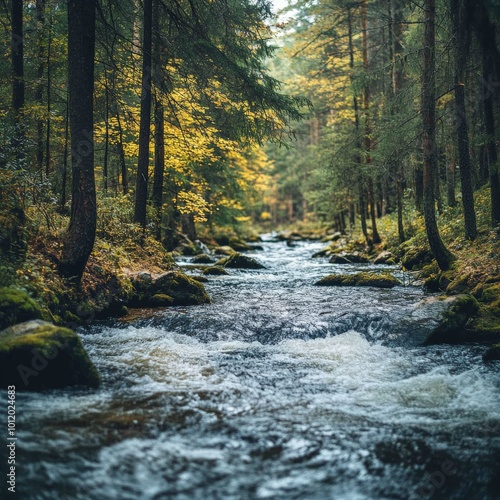 Scenic River Flowing Through Lush Forest, Highlighting Natural Beauty and Outdoor Serenity