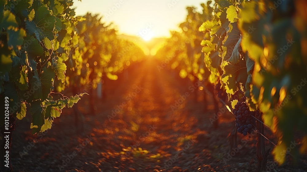 Sunset over rows of grapevines in a vineyard with a cluster of grapes in the foreground. Sunset over rows of grapevines in a vineyard with a cluster of grapes in the foreground.