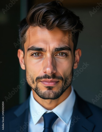 Generative ai picture image of attractive confident young businessman guy hot model appearance seriously looking camera middle eastern businessman