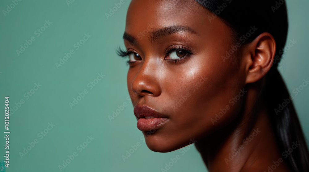Fototapeta premium Beautiful African American woman with flawless skin and natural makeup, side profile portrait against teal background, showcasing beauty, confidence, and elegance