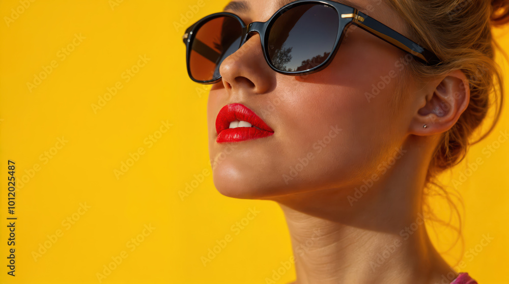 Confident young woman with vibrant red lipstick and stylish sunglasses against bright yellow background, exuding summer fashion and glamour Confident young woman with vibrant red lipstick and stylish sunglasses against bright yellow background, exuding summer fashion and glamour