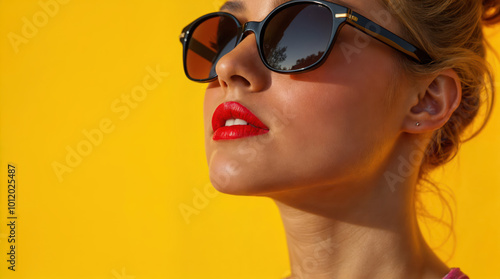 Confident young woman with vibrant red lipstick and stylish sunglasses against bright yellow background, exuding summer fashion and glamour