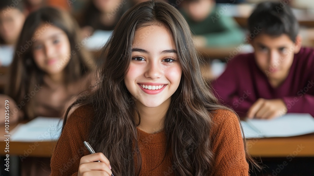 Radiant Young Woman in Knit Sweater Holding Pen, Classroom Setting, Positive Mood Radiant Young Woman in Knit Sweater Holding Pen, Classroom Setting, Positive Mood