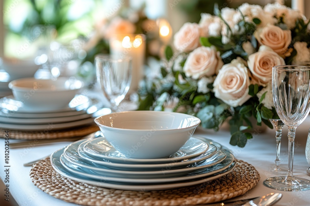 A close-up of a beautifully set table with white plates, a bowl, and a centerpiece of pink roses. A close-up of a beautifully set table with white plates, a bowl, and a centerpiece of pink roses.
