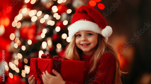 Happy girl embracing a Christmas gift with decorations on the background