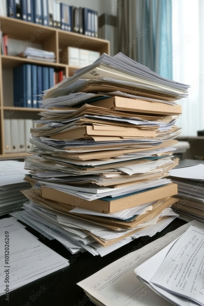 Towering Paperwork Pile on Desk in Office Setting, Organizational Overload Concept Towering Paperwork Pile on Desk in Office Setting, Organizational Overload Concept