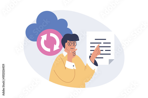 Cloud computing concept in modern flat design for web. Man using online sync service, downloading digital document files for backup with internet protection, sharing content. Vector illustration.