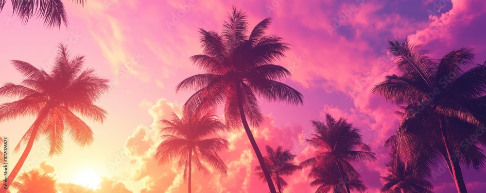 Obraz premium Silhouette of palm trees against a colorful sunset sky