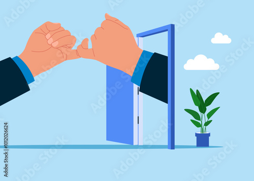 Make peace with hand gesture joining pinkies swear not to argue or quarrel. Warm welcome to new office. Flat vector illustration
