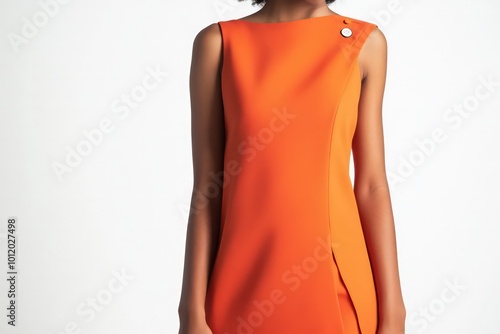 A woman wearing an orange sleeveless sheath dress with a side accent, knee-length and with buttons on the left shoulder, suitable for walking during the summer season, against a white background.