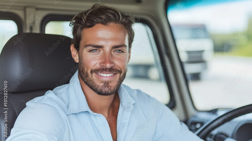 Confident Man in Driver's Seat Closeup Portrait with Warm Smile and Welcoming Gaze in Vehicle Interior - Relaxed Commercial Portrait with Soft Lighting Confident Man in Driver's Seat Closeup Portrait with Warm Smile and Welcoming Gaze in Vehicle Interior - Relaxed Commercial Portrait with Soft Lighting