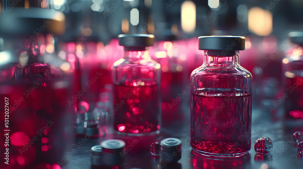 Closeup of Glass Vials with Pink Liquid - 3D Illustration Closeup of Glass Vials with Pink Liquid - 3D Illustration