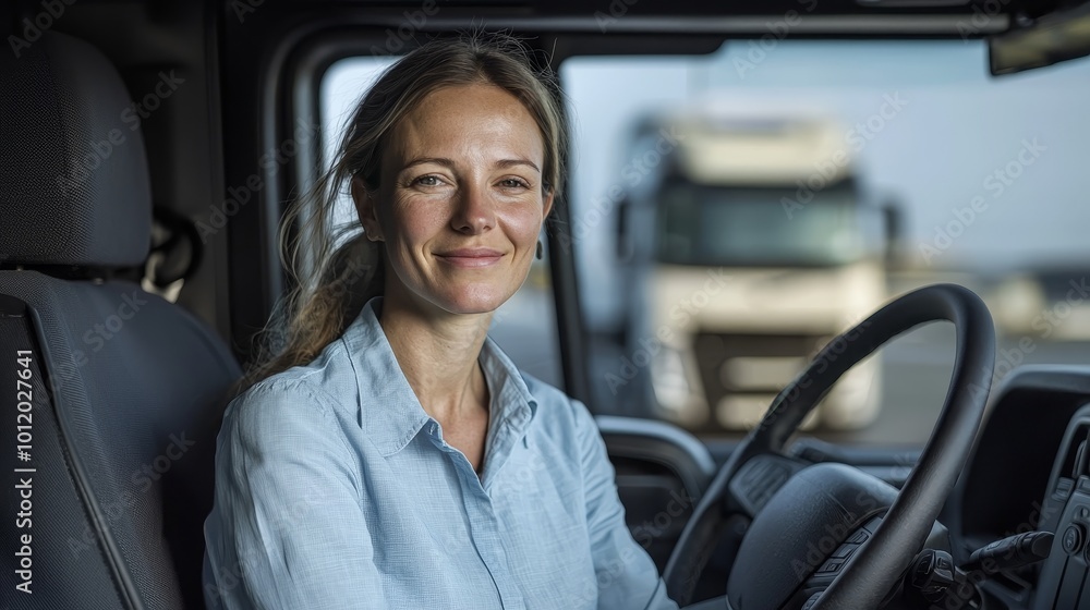 Confident Female Driver in Muted Tones, Steering Wheel Closeup in Moving Vehicle, Concept of Independence and Focus Confident Female Driver in Muted Tones, Steering Wheel Closeup in Moving Vehicle, Concept of Independence and Focus