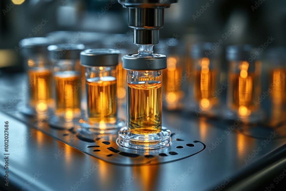 Close-up of a laboratory machine filling glass vials with a liquid. Close-up of a laboratory machine filling glass vials with a liquid.