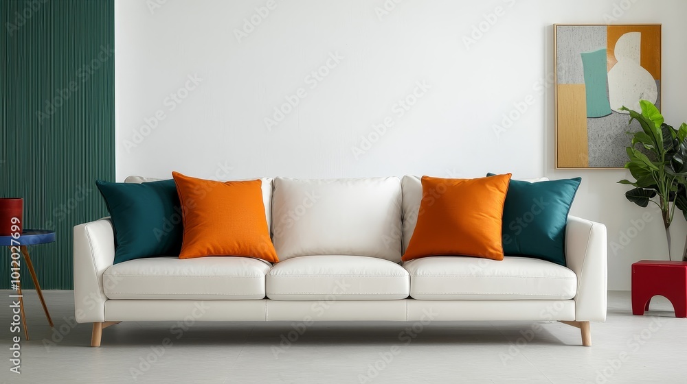 Naklejka premium Luxurious Modern White Leather Sofa with Vibrant Teal and Orange Pillows in Stylish Living Room Interior, Minimalist Design Concept for Home Decor