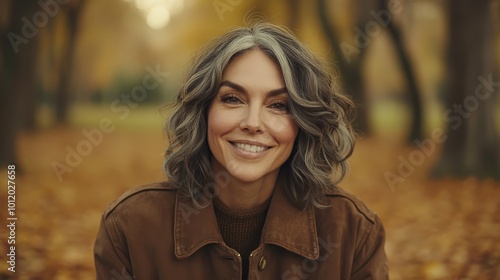 Warmth of Autumn Close-Up Portrait of Serene Woman with Grey Hair in Suede Jacket Smiling Amidst Forest Background - Authentic Beauty Concept