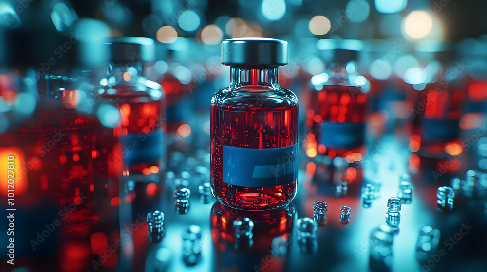 Red Glass Vials with Blue Label on Reflective Surface - 3D Illustration Red Glass Vials with Blue Label on Reflective Surface - 3D Illustration