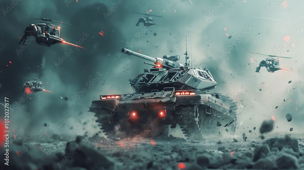 High tech tank surrounded with drones High tech tank surrounded with drones