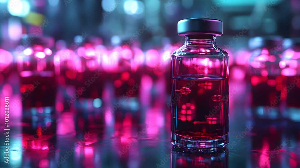 3D Render of a Glass Vial with Pink Liquid and Blue and Pink Bokeh 3D Render of a Glass Vial with Pink Liquid and Blue and Pink Bokeh