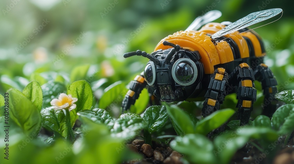 A close-up of a toy bee with large eyes crawling through green grass and small white flowers. A close-up of a toy bee with large eyes crawling through green grass and small white flowers.