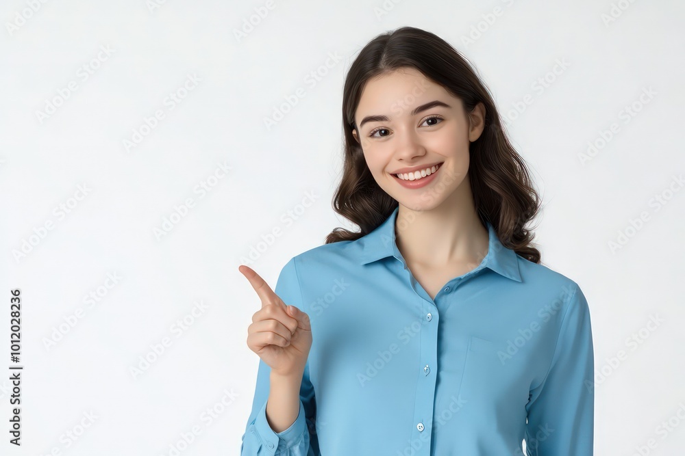 A young businesswoman is smiling and pointing her finger to the side, standing against a white background with a copy space area for your promotional or advertising text. A young businesswoman is smiling and pointing her finger to the side, standing against a white background with a copy space area for your promotional or advertising text.