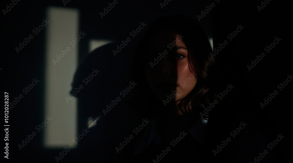 Young Asian woman partially hidden in shadows, intense gaze visible through darkness, moody atmospheric lighting creates mysterious and introspective ambiance Young Asian woman partially hidden in shadows, intense gaze visible through darkness, moody atmospheric lighting creates mysterious and introspective ambiance