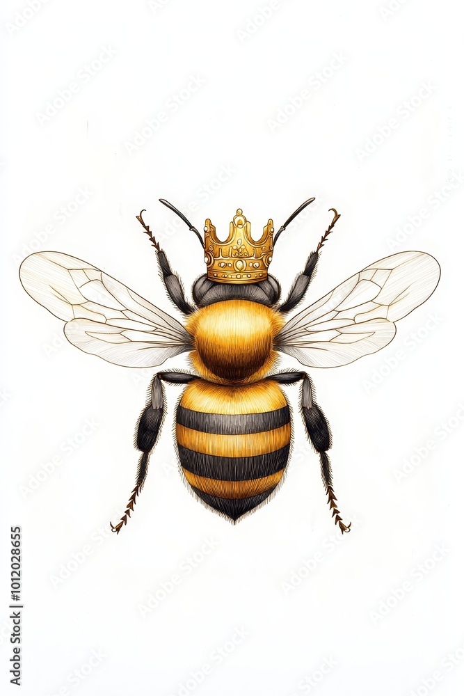Obraz premium Majestic Bee with Golden Crown in Symmetrical Macro View on White Background - Regal Insect with Delicate Wings and Whimsical Elegance for Nature Designs, Honey Products, and Royalty Concepts