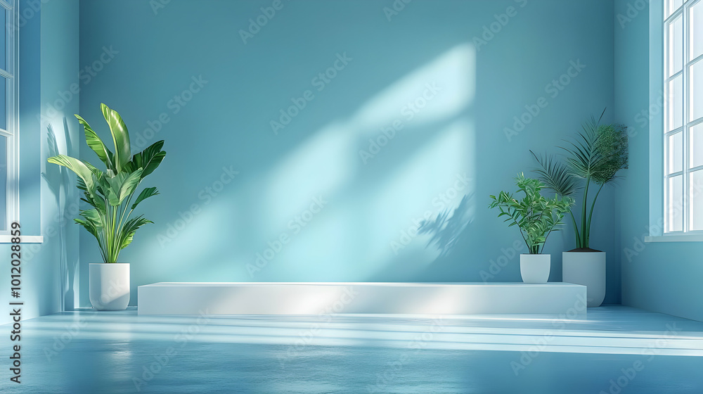 Blue Room Interior Design 3D Rendering with White Platform and Greenery Blue Room Interior Design 3D Rendering with White Platform and Greenery