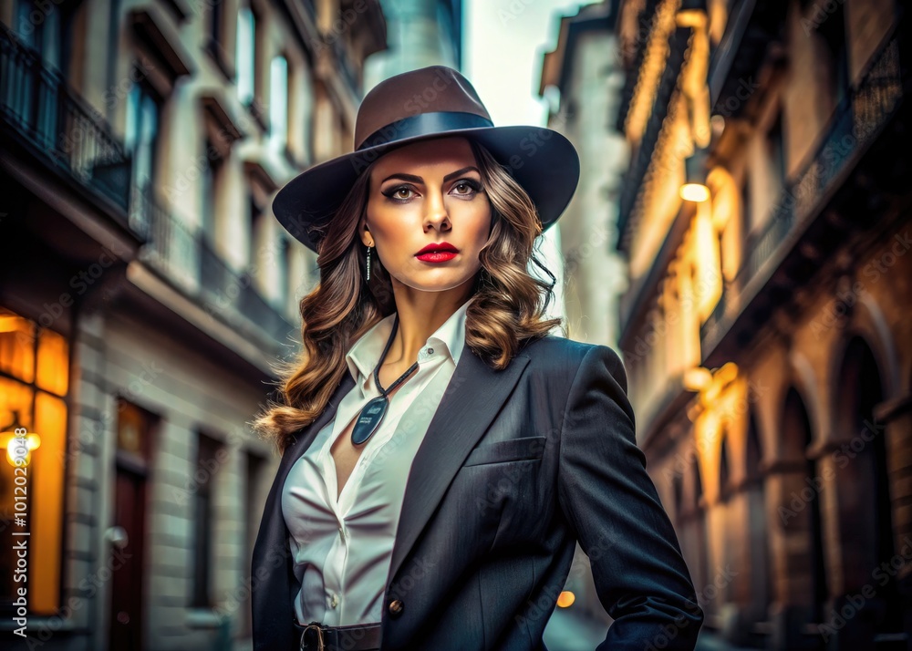Obraz premium Confident woman in stylish outfit exuding power and allure in urban mafia-themed setting