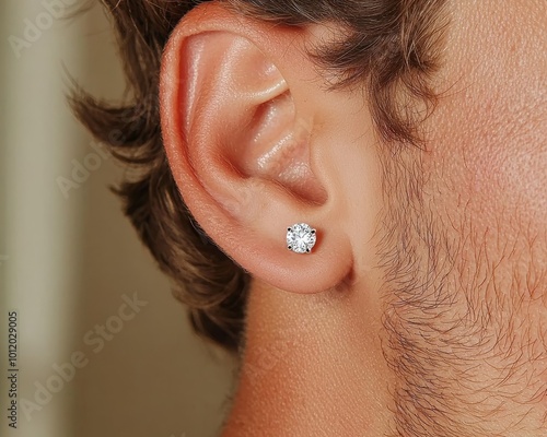 Luxurious Diamond Stud Earring Close-Up Portrait of Male Ear in Warm Light, Elegant Jewelry Concept photo