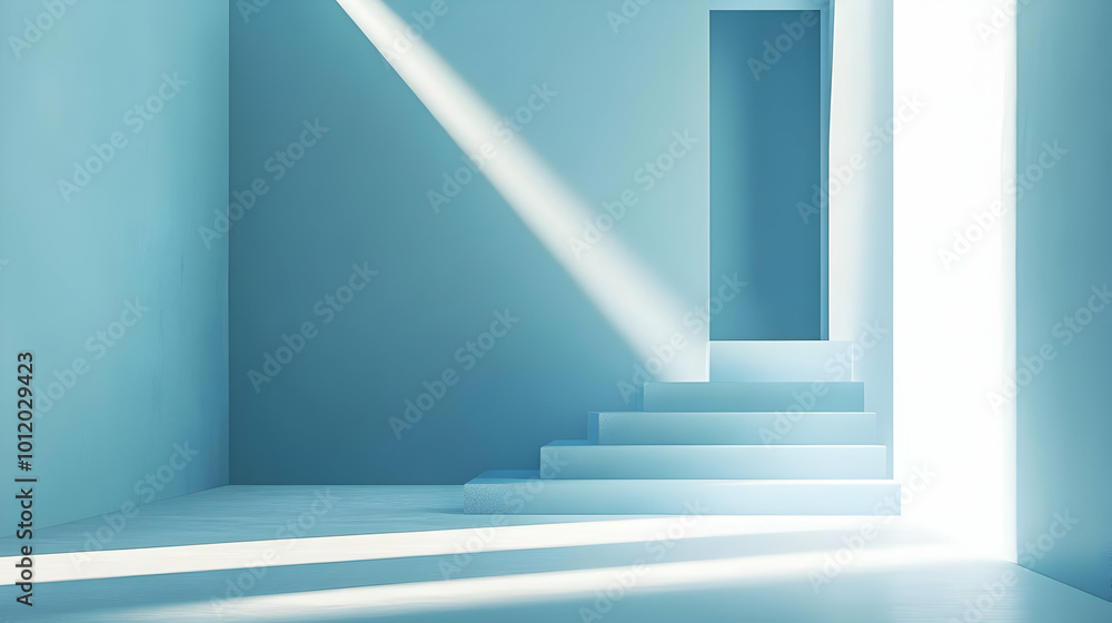 Blue Abstract 3D Room with Stairs and Light Rays Illustration Blue Abstract 3D Room with Stairs and Light Rays Illustration