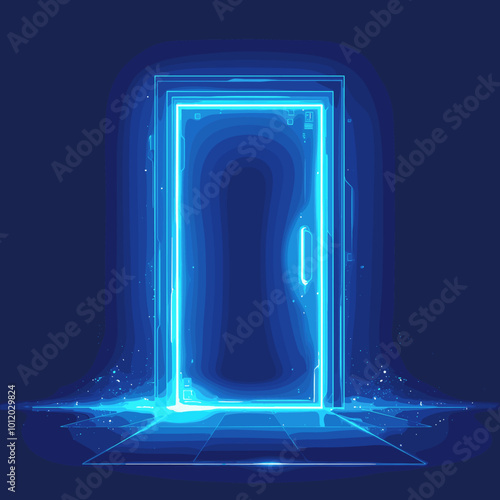 Abstract blue glowing neon door on dark blue background. Futuristic vector illustration.