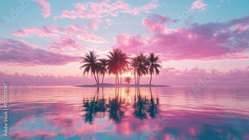 Tropical island at sunset with palm trees and colorful sky reflected in calm water.