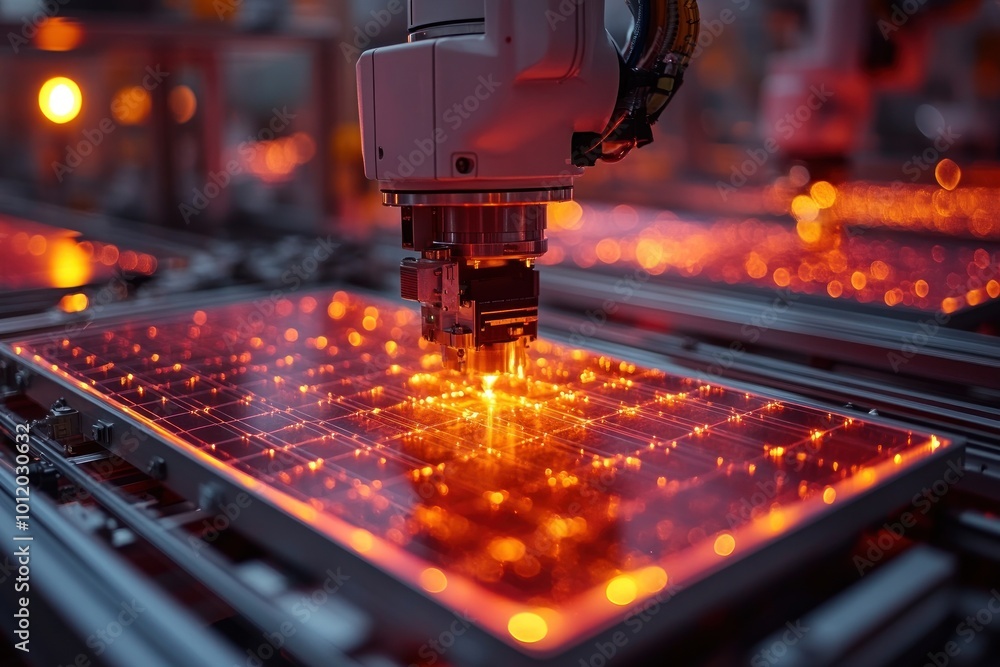 A robotic arm in a factory assembles solar panels. A robotic arm in a factory assembles solar panels.