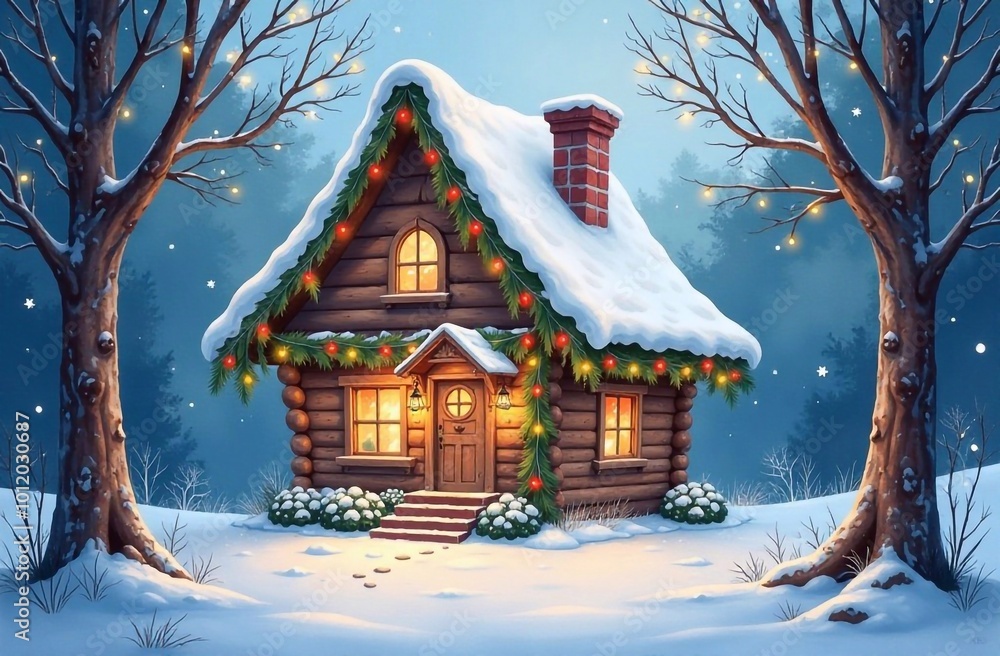 Illustration. Fairytale wooden house in the forest, decorated with New Year's garlands Illustration. Fairytale wooden house in the forest, decorated with New Year's garlands